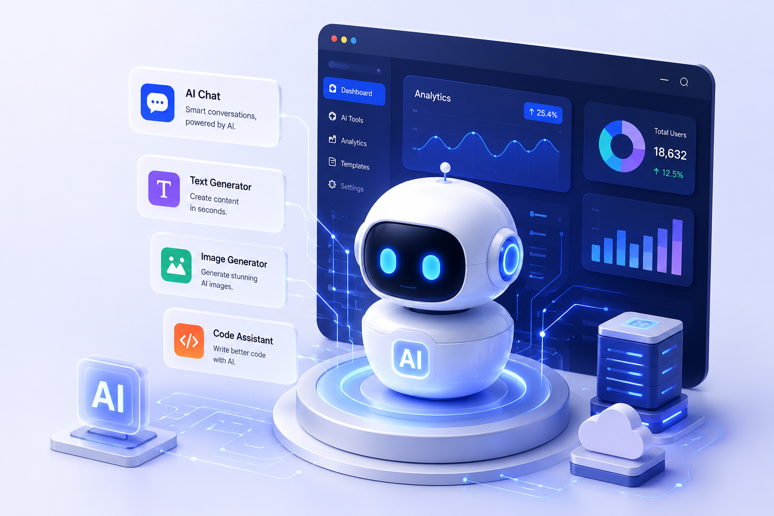AI-powered dashboard with chat, text, image, and code tools